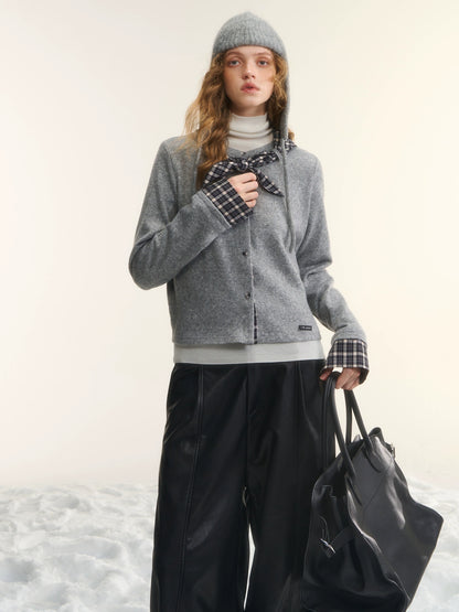 Wool-Blend Plaid Patchwork Knit Cardigan