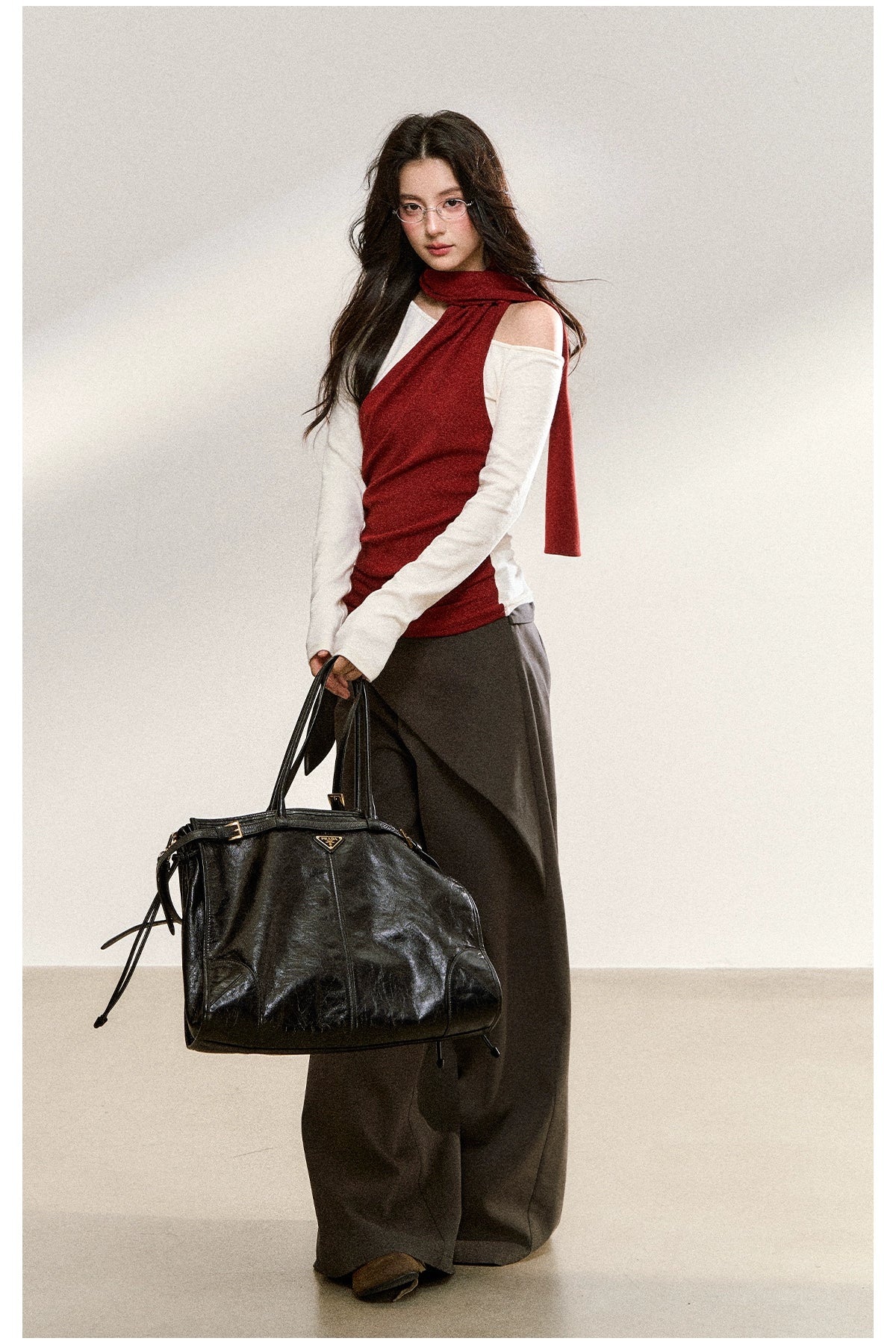Gray Drape Wide-Leg Asymmetric Trousers
