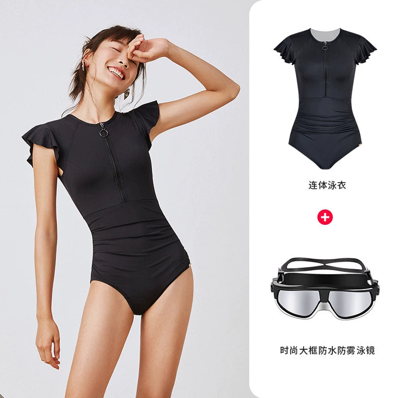 Black Waist-cinching Ruffled One-piece Swimsuit