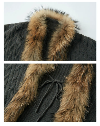 Tie-Detail Batwing Faux Fur Collar Sweater