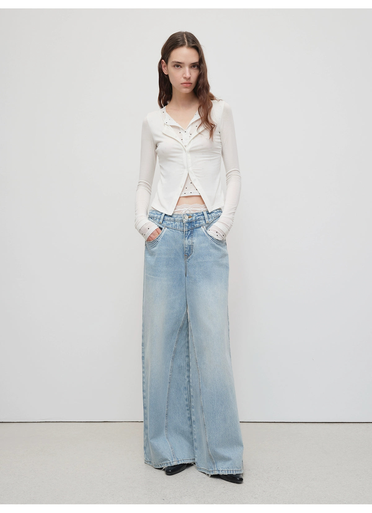 Light Blue Structured Wide-Leg Denim Pants