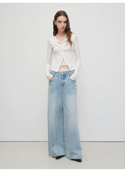 Light Blue Structured Wide-Leg Denim Pants