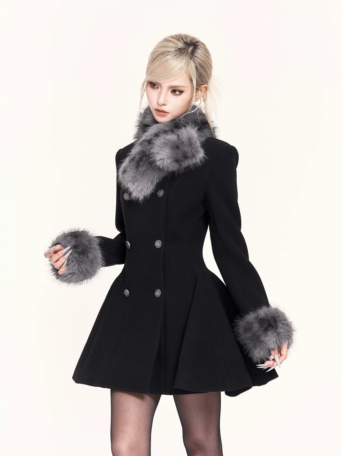 Fur-Collar Waist-Cinching Wool Coat Dress