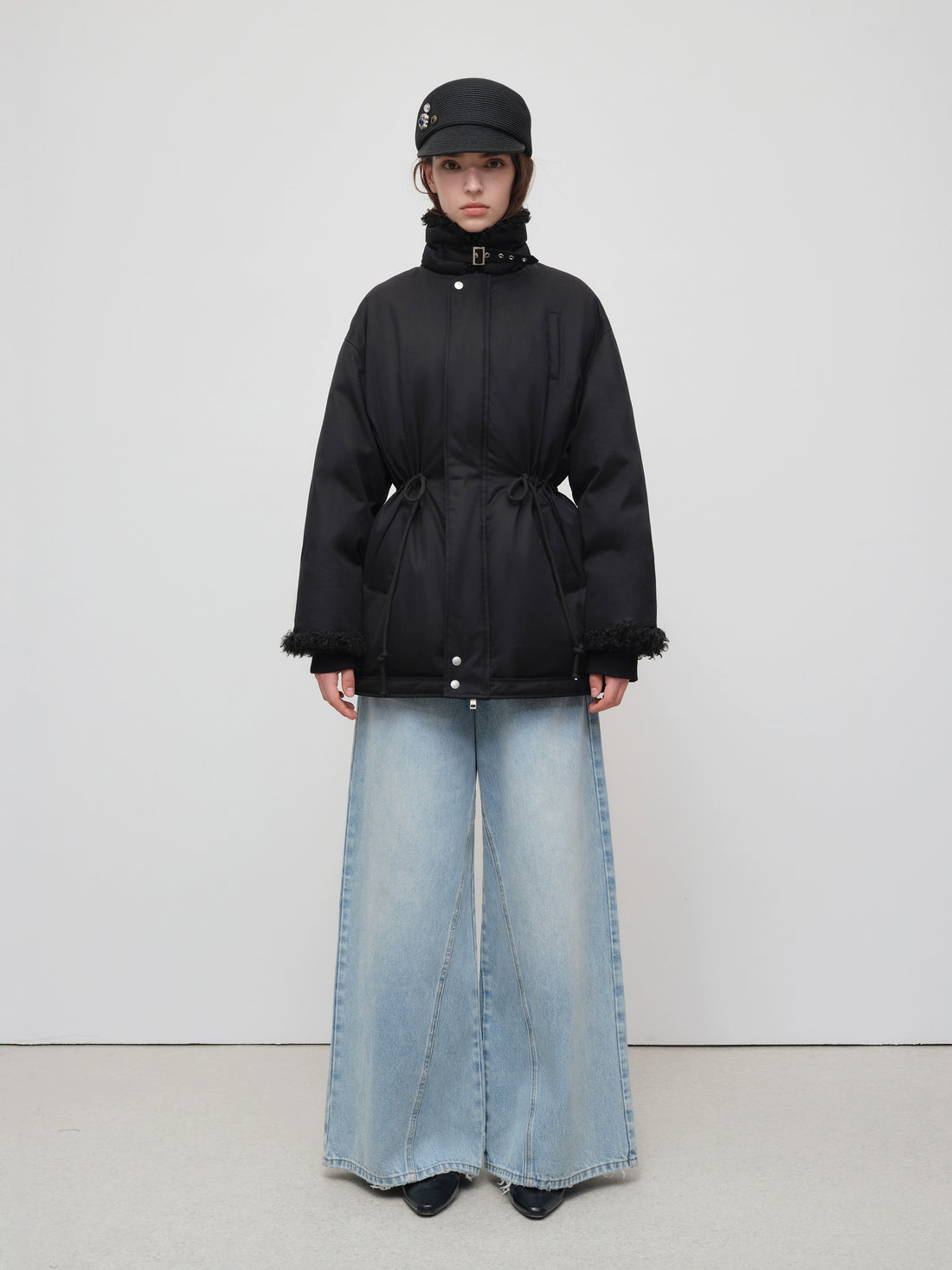 Black Longline Fleece Collar Windbreaker