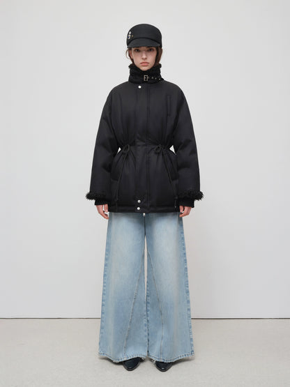 Black Longline Fleece Collar Windbreaker