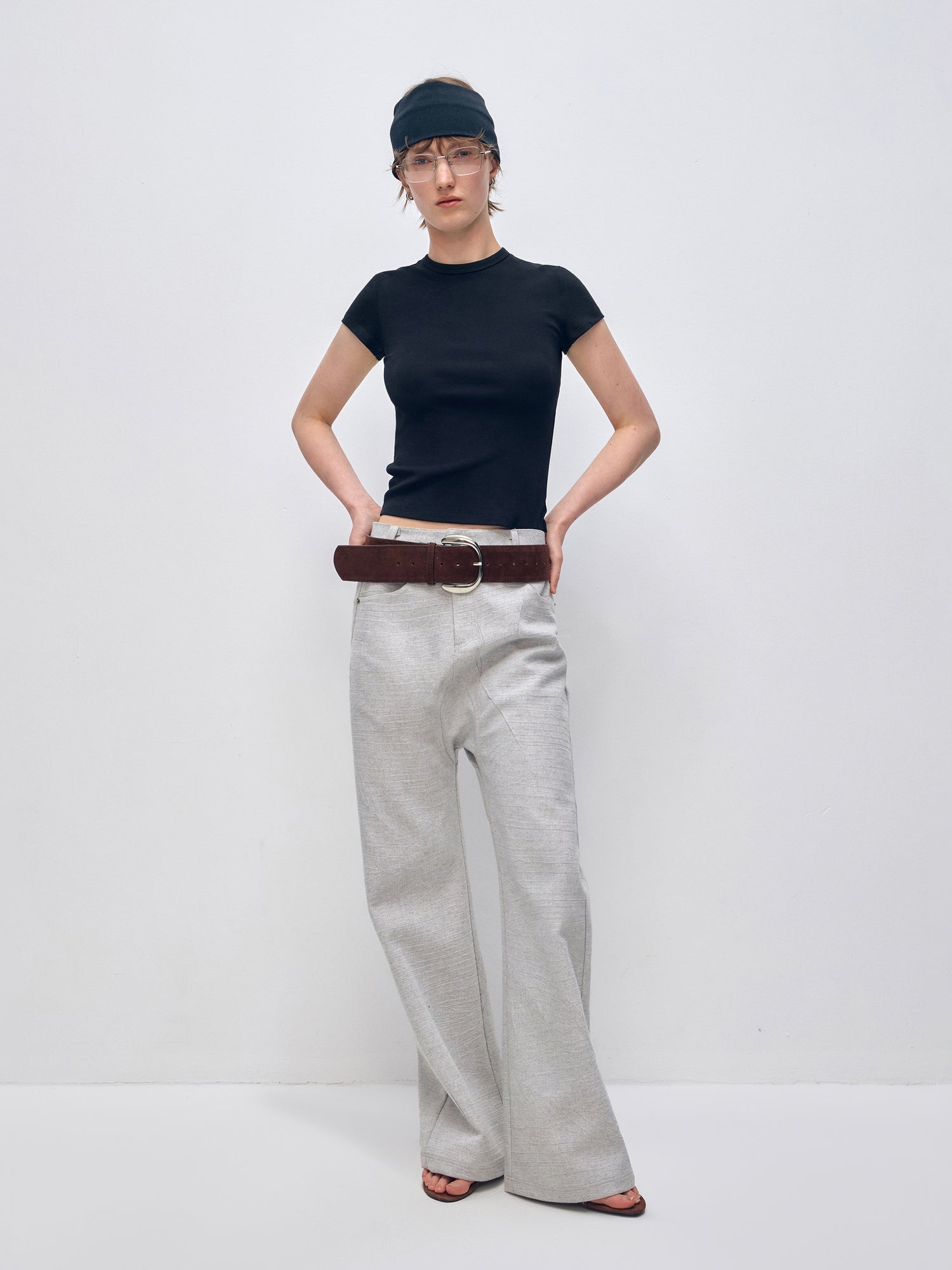 Gray Twill Low-Crotch Straight Leg Suit Pants