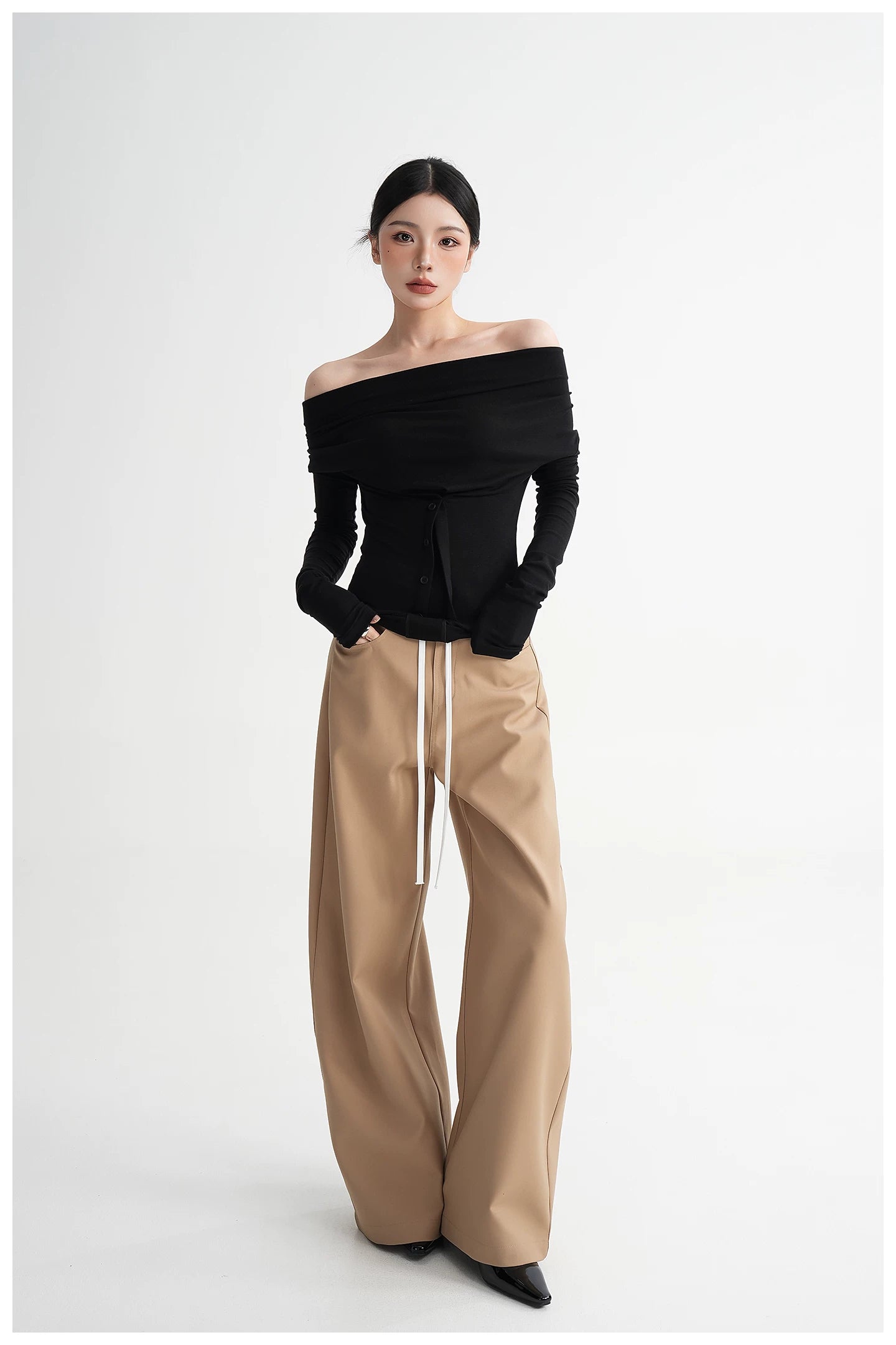 Neck Off-Shoulder Fitted Long Sleeve T-Shirt