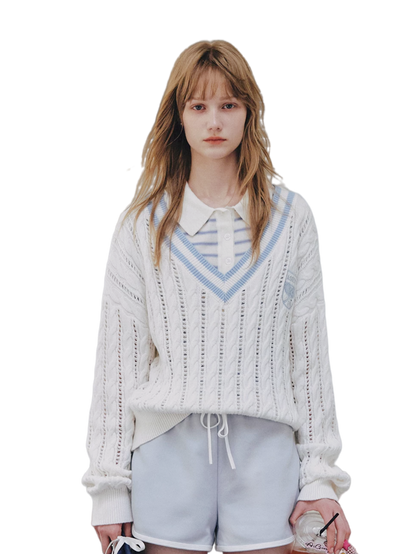 Cable Knit Cropped V-Neck Sweater