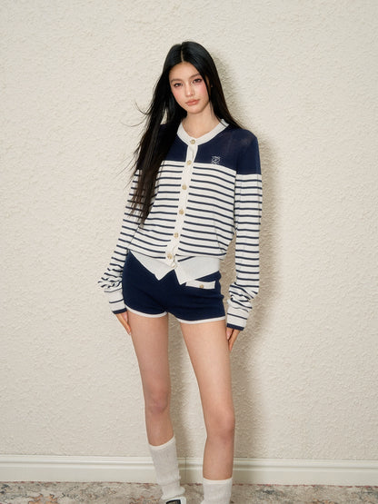 Lyocell Striped Contrast Cardigan &amp; Shorts Set