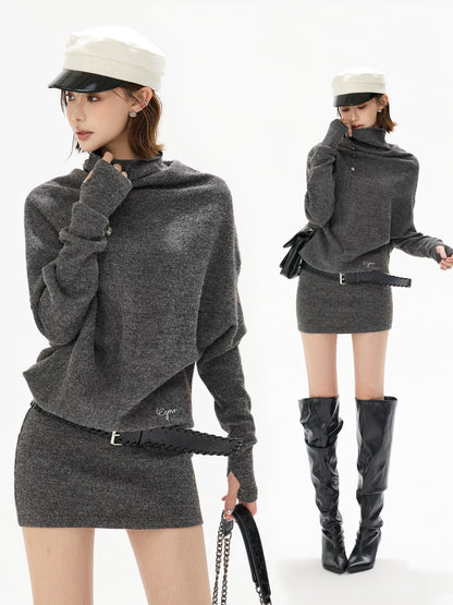 Cowl-Neck Wool Knit Mini Dress