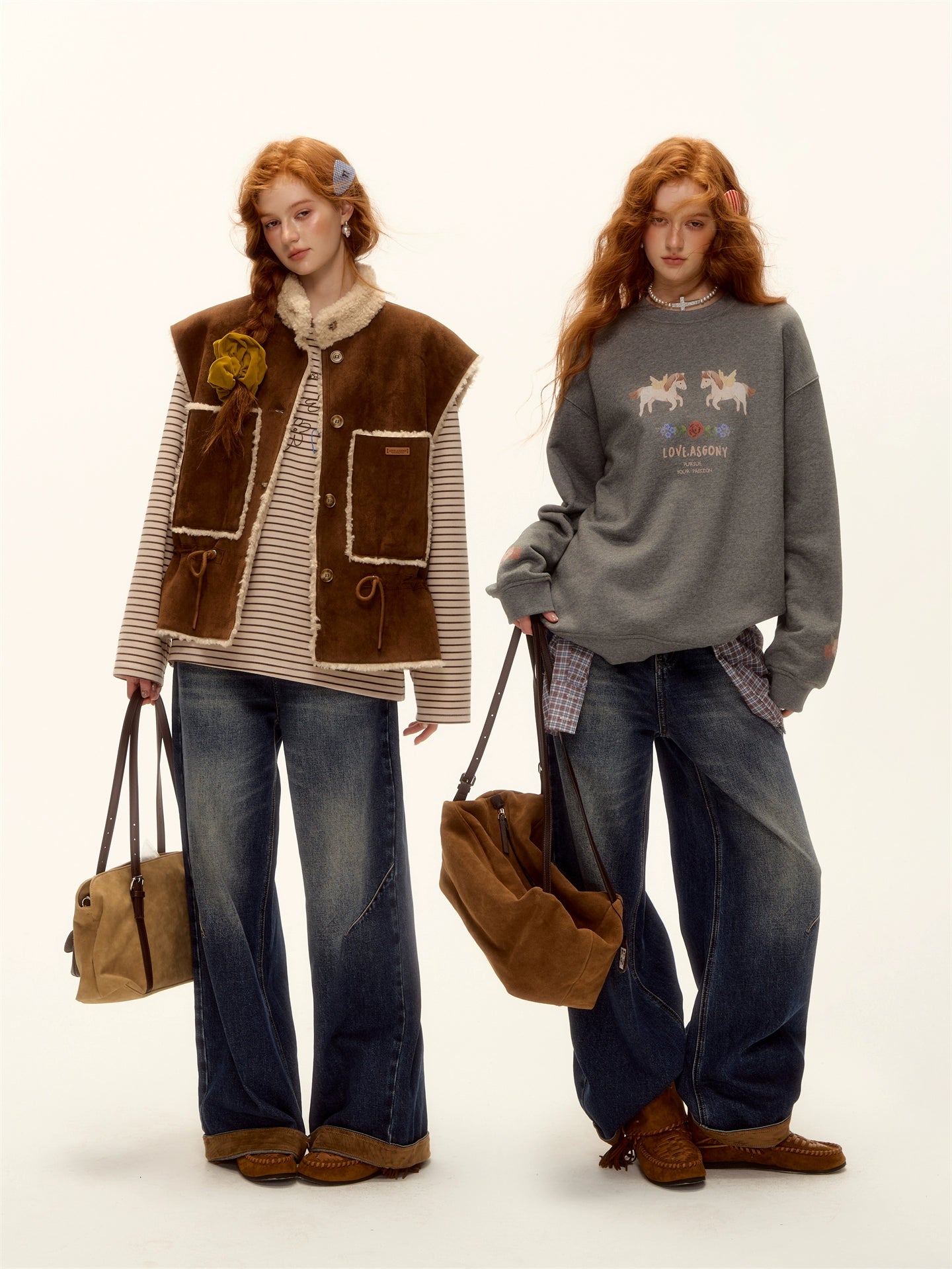 Suede-Panel Washed Denim Wide-Leg Jeans