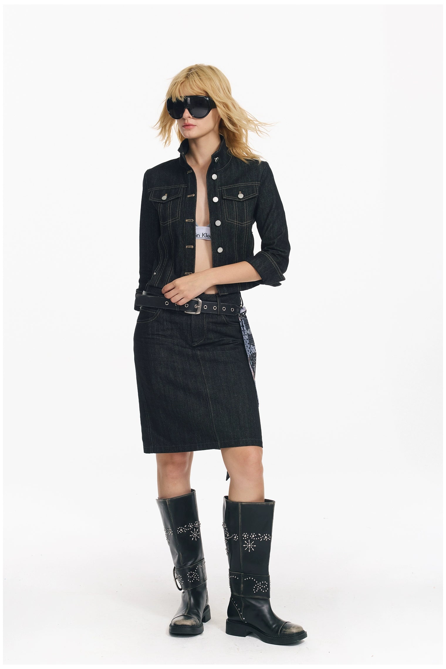Cropped Stripe Stitch Denim Jacket &amp; Skirt Set