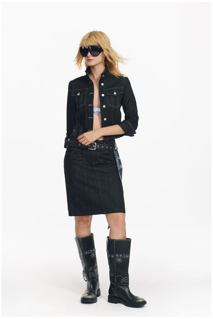 Cropped Stripe Stitch Denim Jacket &amp; Skirt Set
