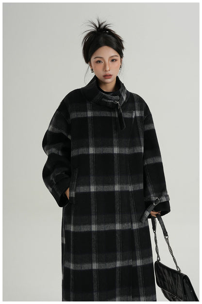Plaid Stand-Collar Double-Faced Wool Coat