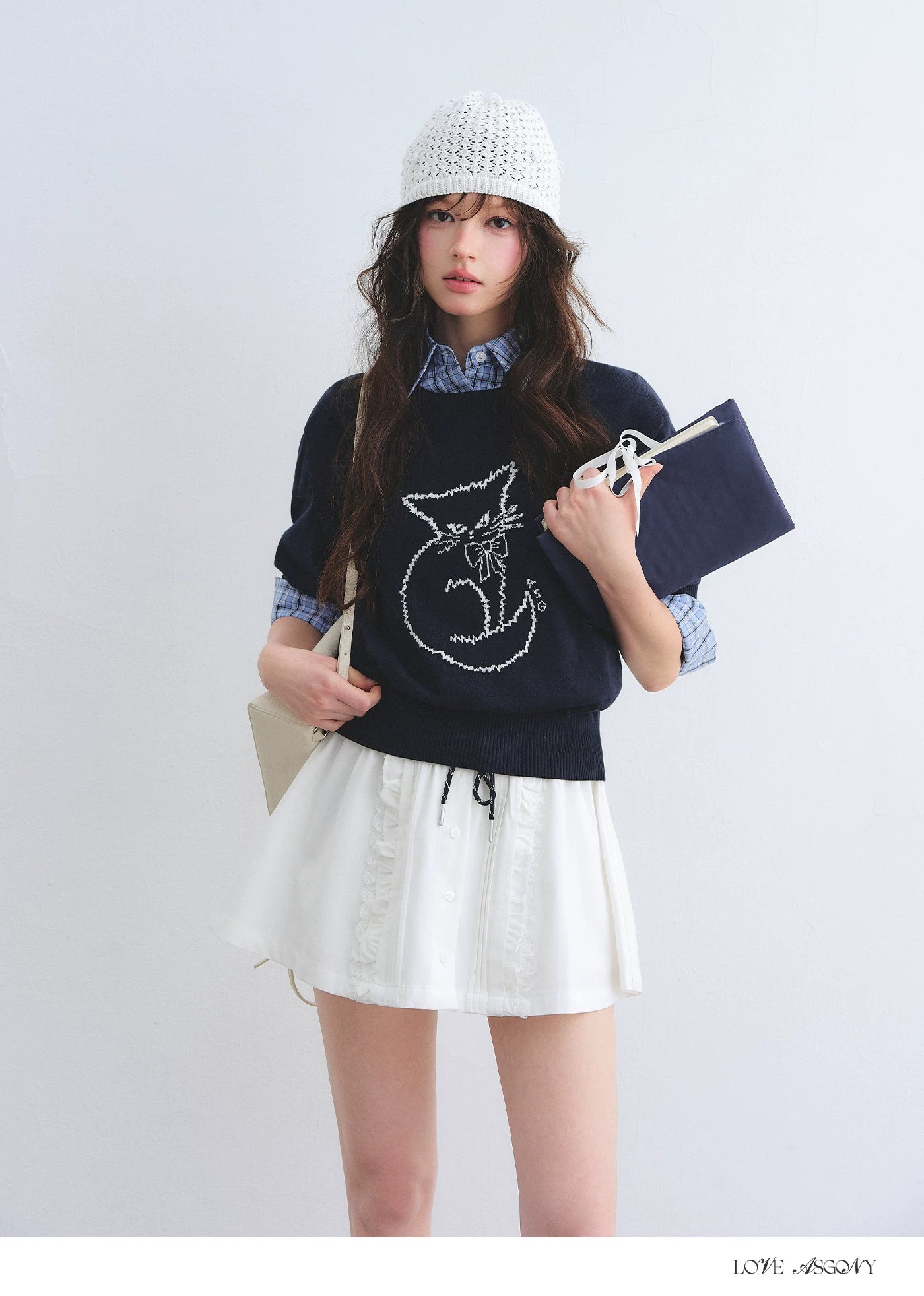 Jacquard Cat Motif Short Sleeve Knit Top