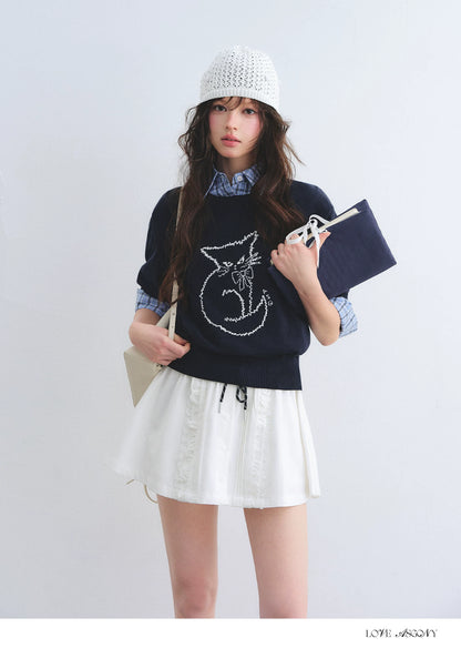 Jacquard Cat Motif Short Sleeve Knit Top