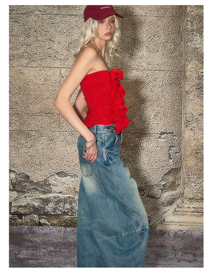 Red Floral Ruched Bandeau Crop T-shirt