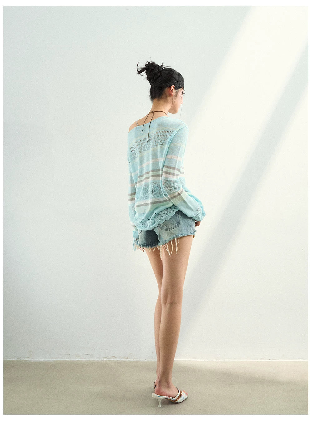 Color-Block Open Knit Stripe Blouse