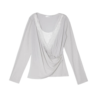 Tencel Lace Contrast Layered Cross-Drape Blouse