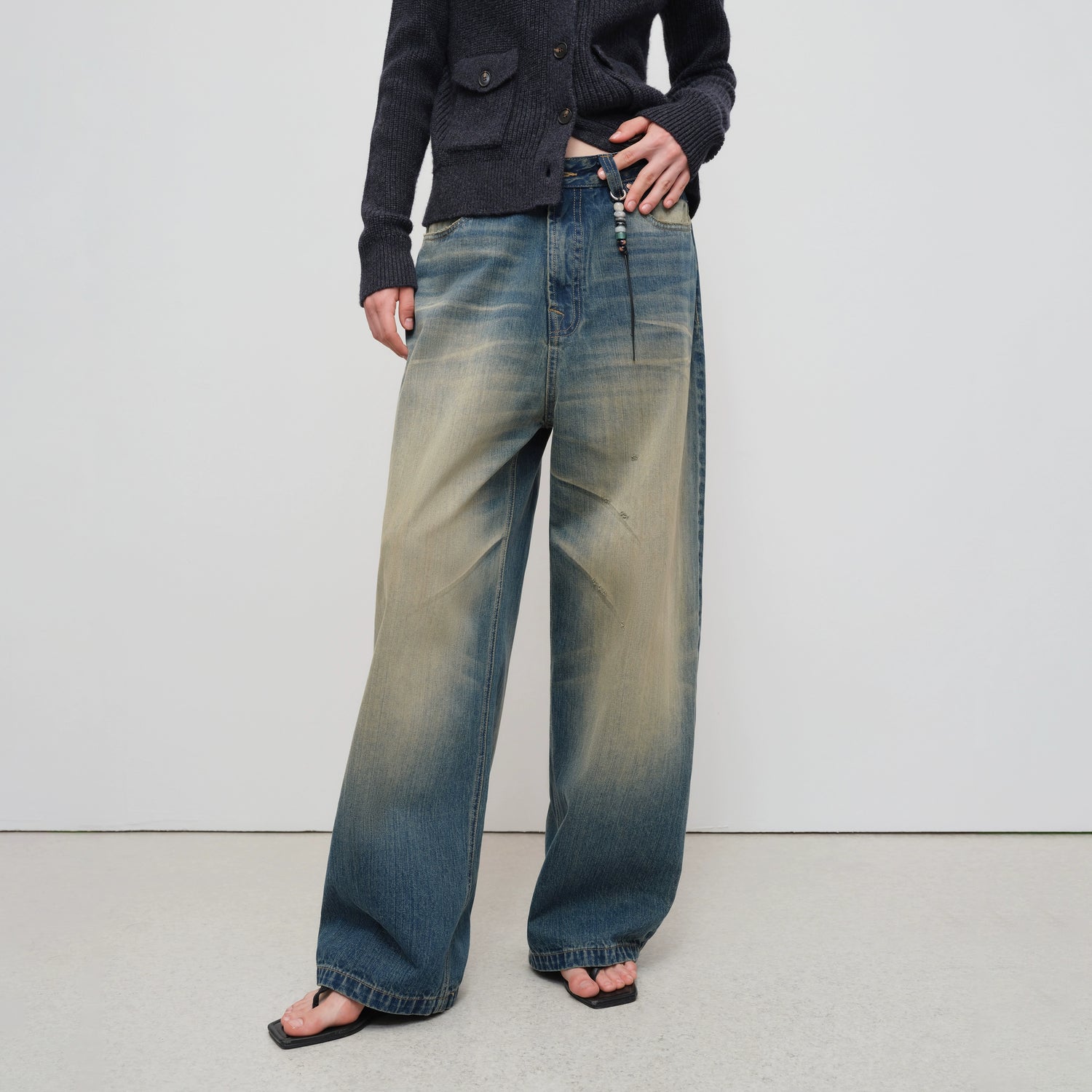 Vintage Tapered Wide-Leg Distressed Denim Pants