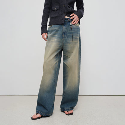 Vintage Tapered Wide-Leg Distressed Denim Pants