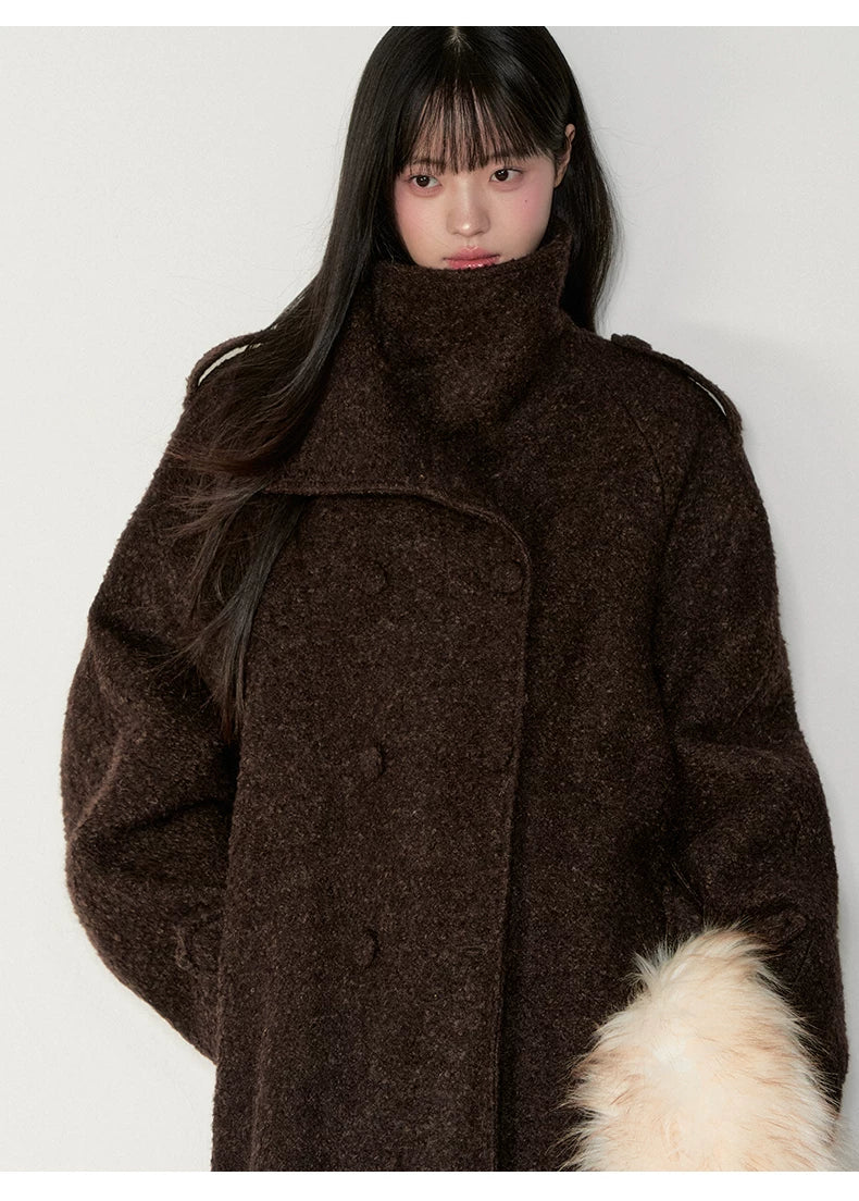 Stand-Collar Bouclé Wool Long Coat
