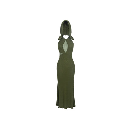 Khaki &amp; Green Tight-fitting Hooded Long Dress - CHINASQUAD