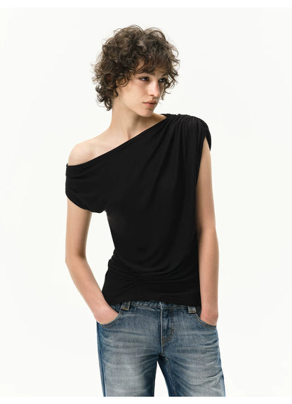 Asymmetrical Draped Lyocell-Wool T-Shirt