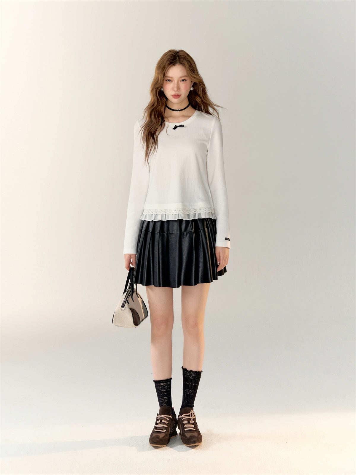 Black PU Split Pleated Leather Skirt