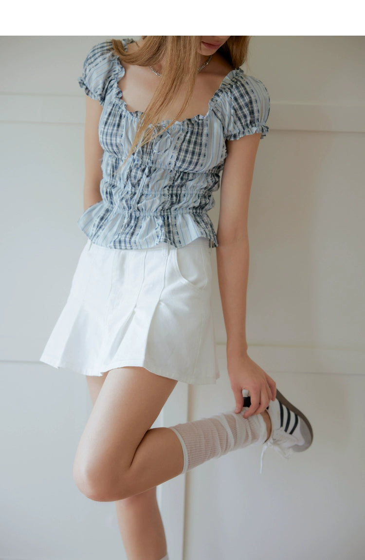 Blue Gingham Bubble Sleeve T-shirt