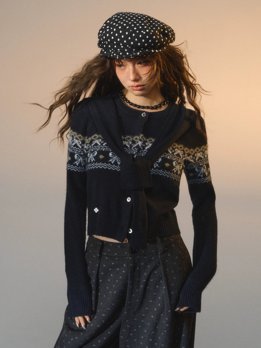 Fair Isle Bow Layered Knit Sweater