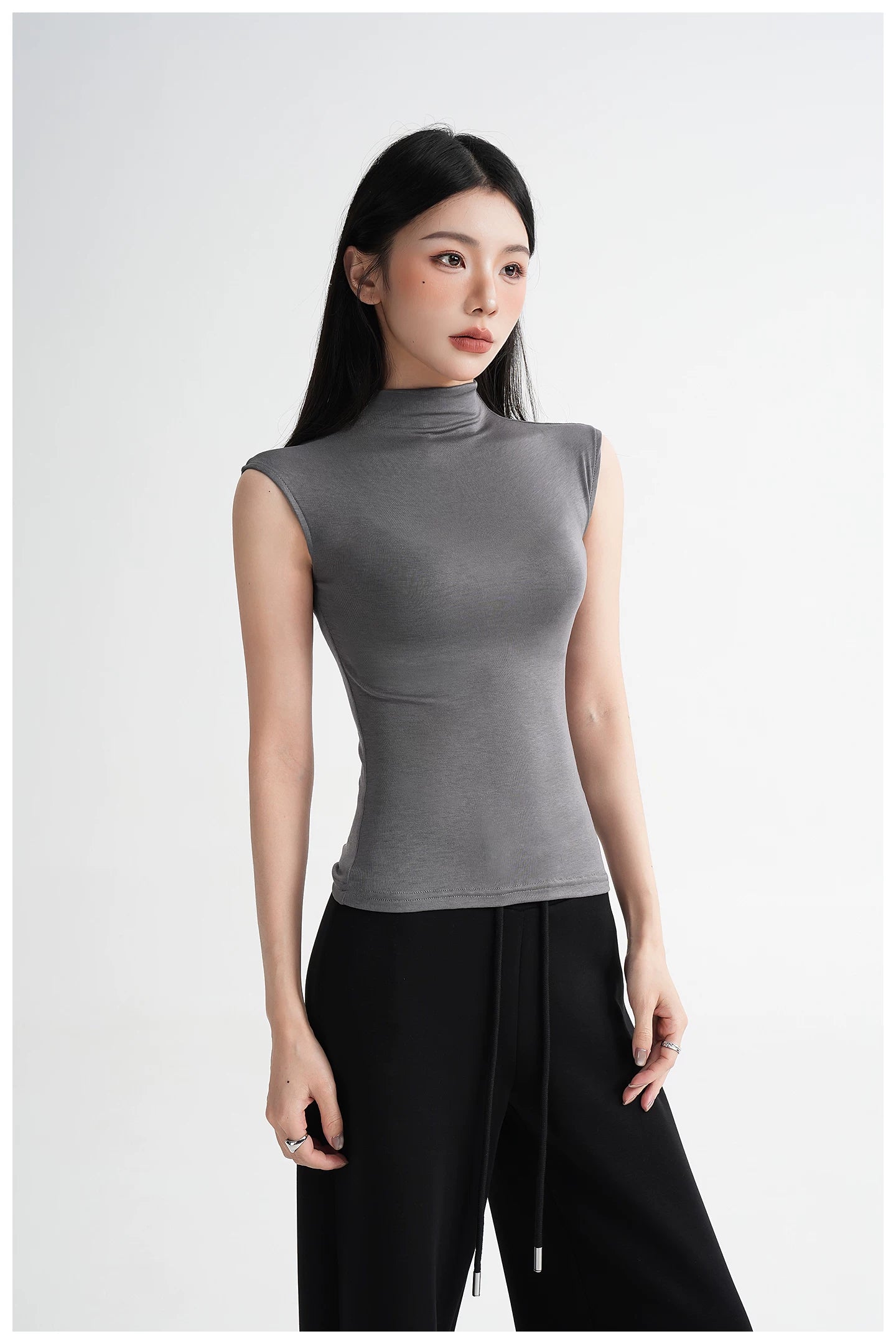 Silk Lyocell High-Neck Sleeveless Fitted T-Shirt