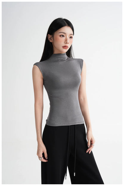 Silk Lyocell High-Neck Sleeveless Fitted T-Shirt