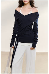 Navy Layered Off-Shoulder Blouse - CHINASQUAD