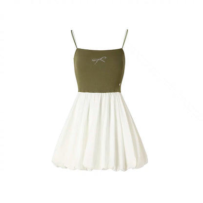 White &amp; Green Color-blocked Spaghetti Strap Dress