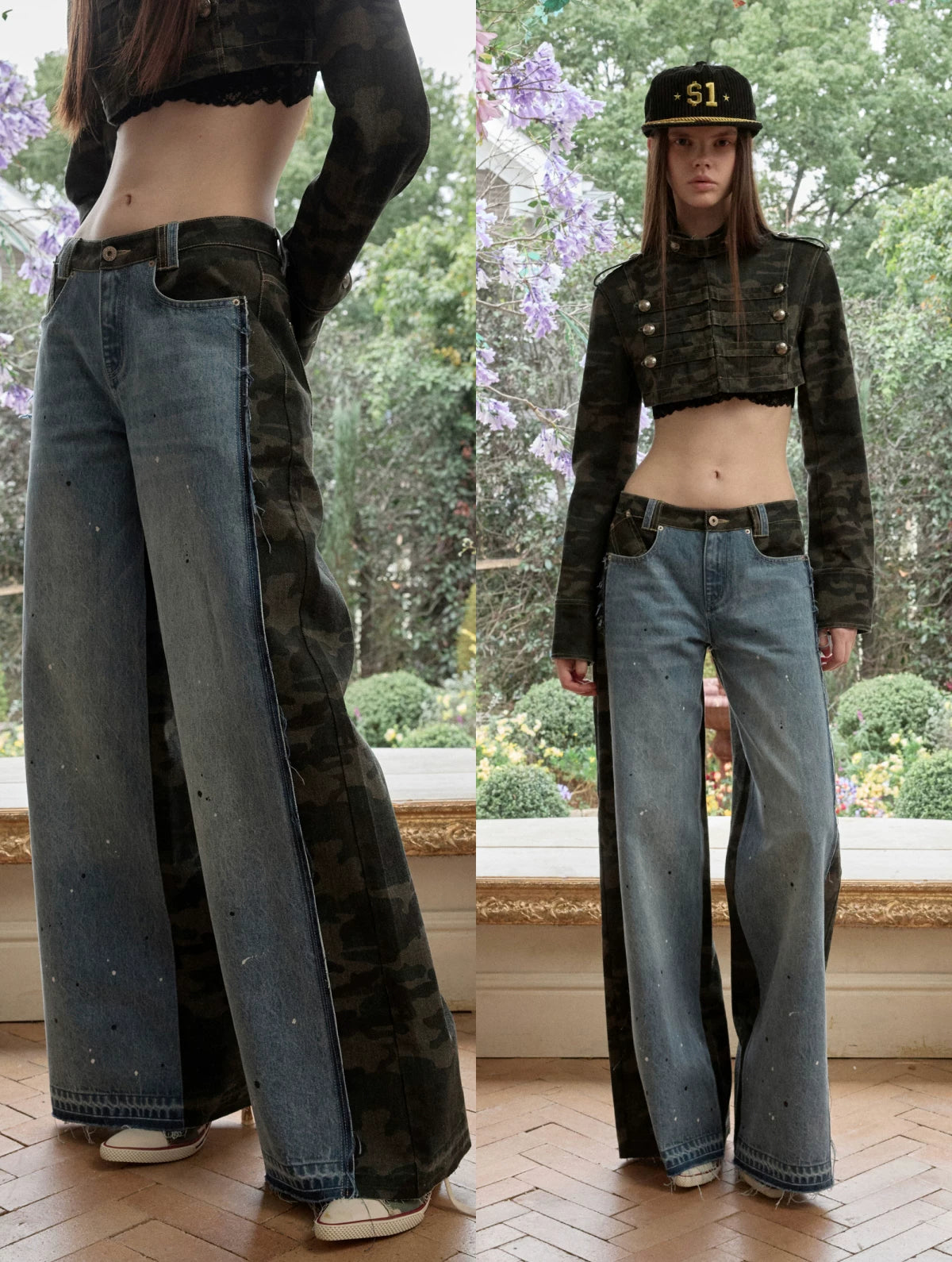 Camouflage Patchwork Denim Straight-Leg Jeans