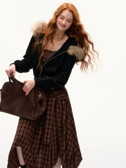 Vintage Faux Fur Collar Fitted Short Jacket
