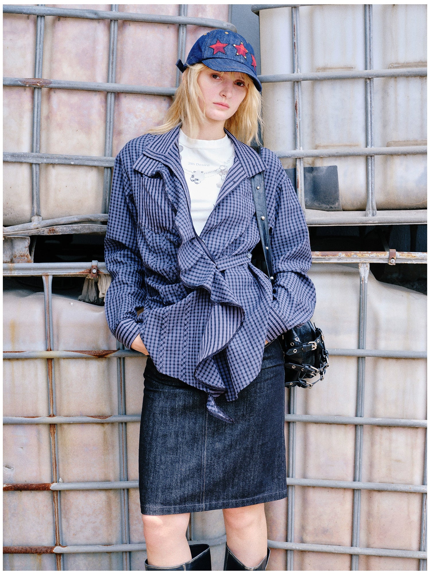 Embroidered Plaid Ruffle-Edge Shirt