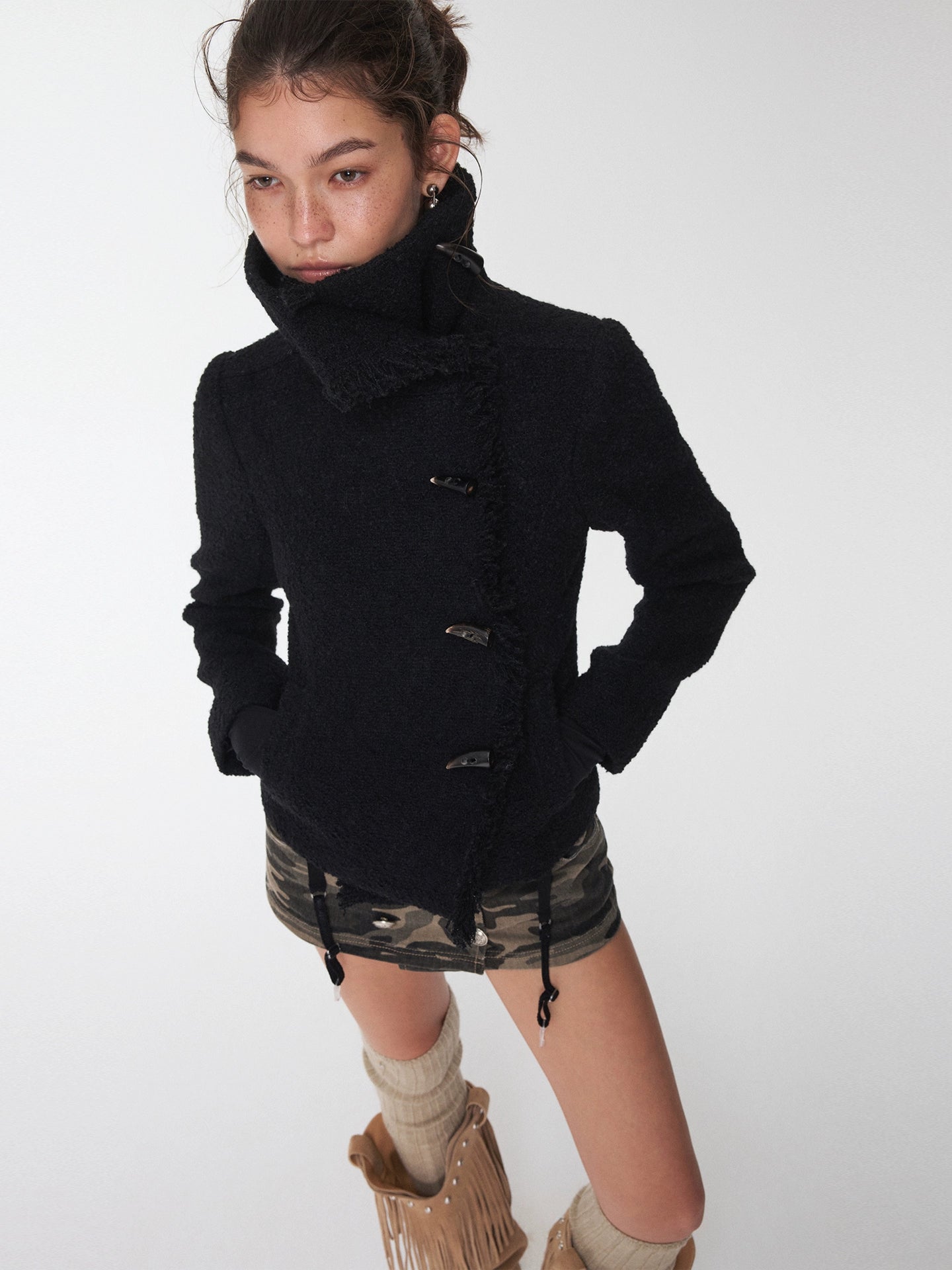 Wool Blend Horn Button High-neck Jacket