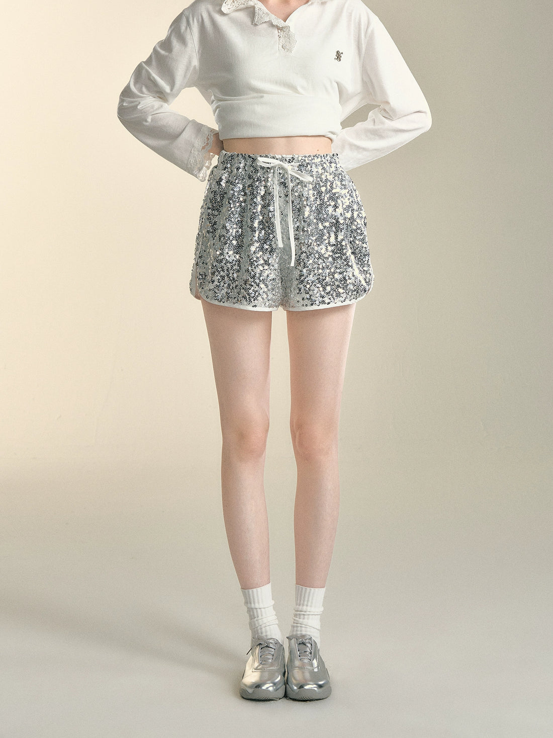 Silver Drawstring Sequin Shorts - CHINASQUAD
