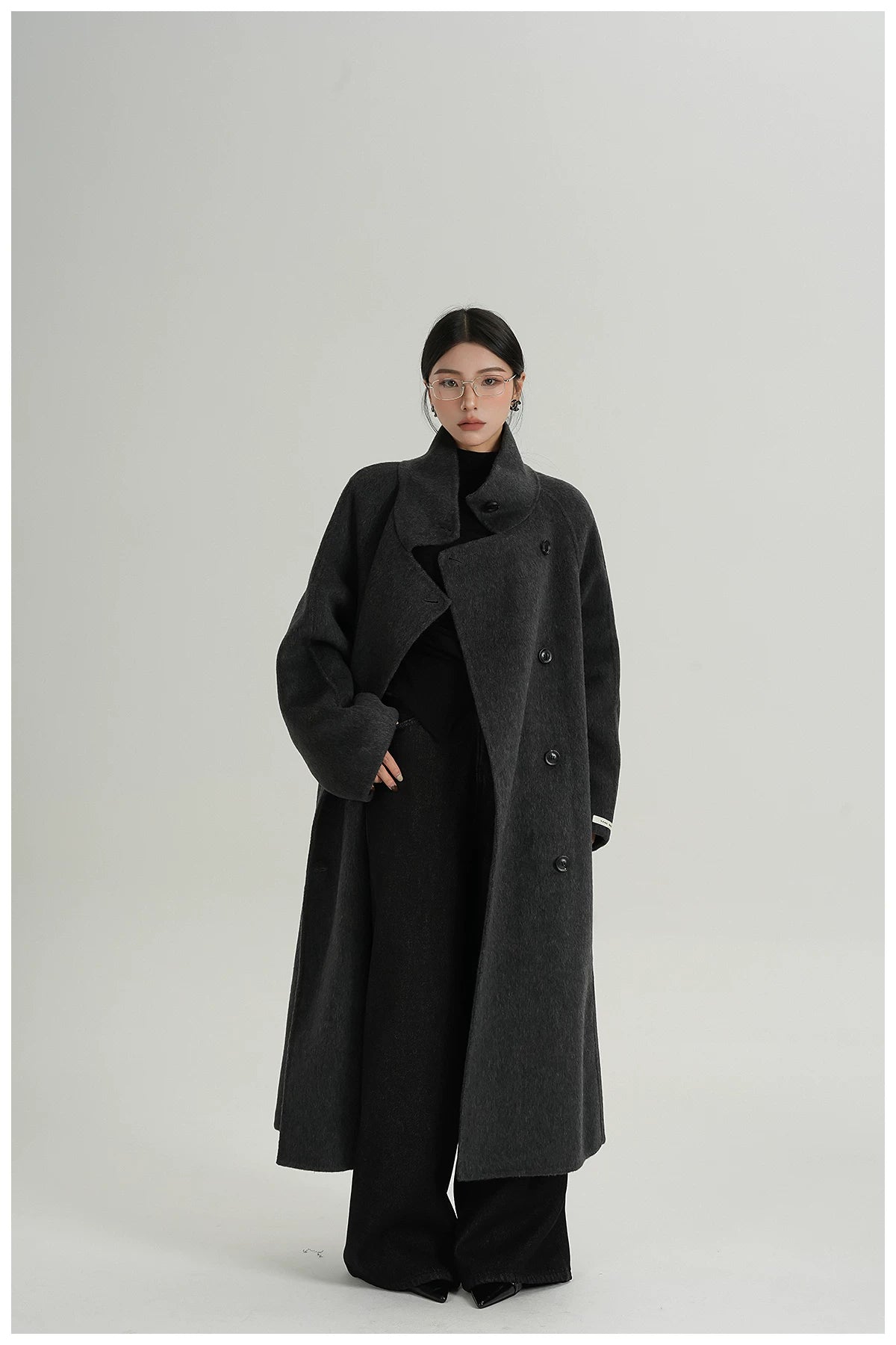 Stand-Collar Long Wool Double-Faced Coat
