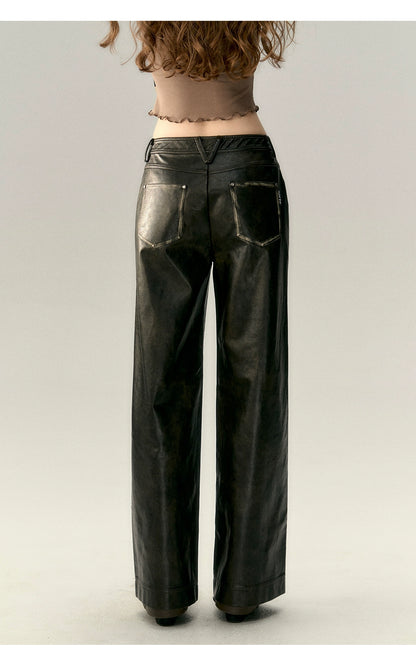 Black Vintage Straight-leg Leather Pants - CHINASQUAD