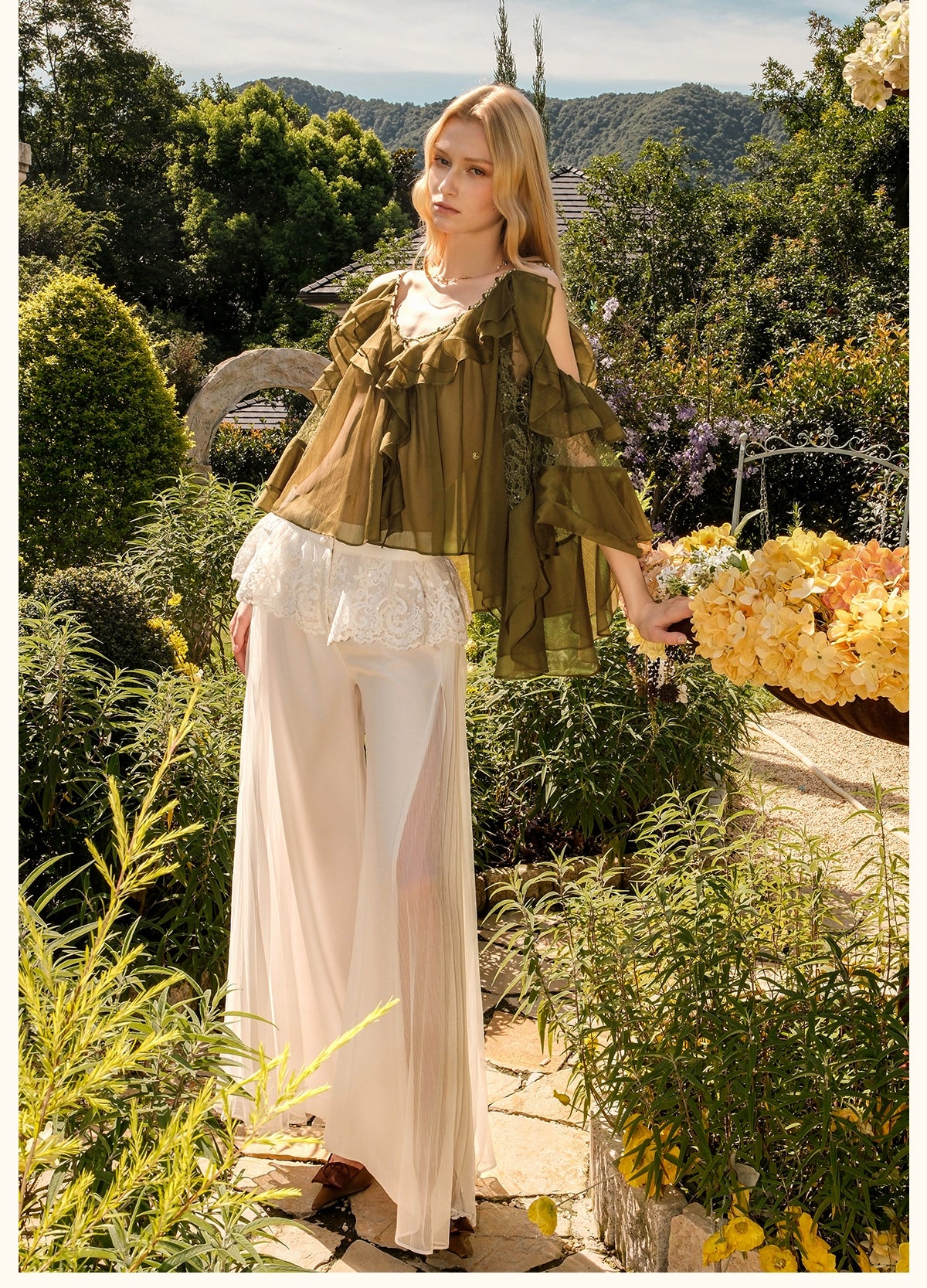 Flowy Chiffon Ruffle Rope Blouse