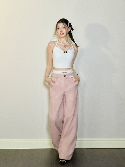 Pink &amp; Gray Camellia Print Wide-leg Pants