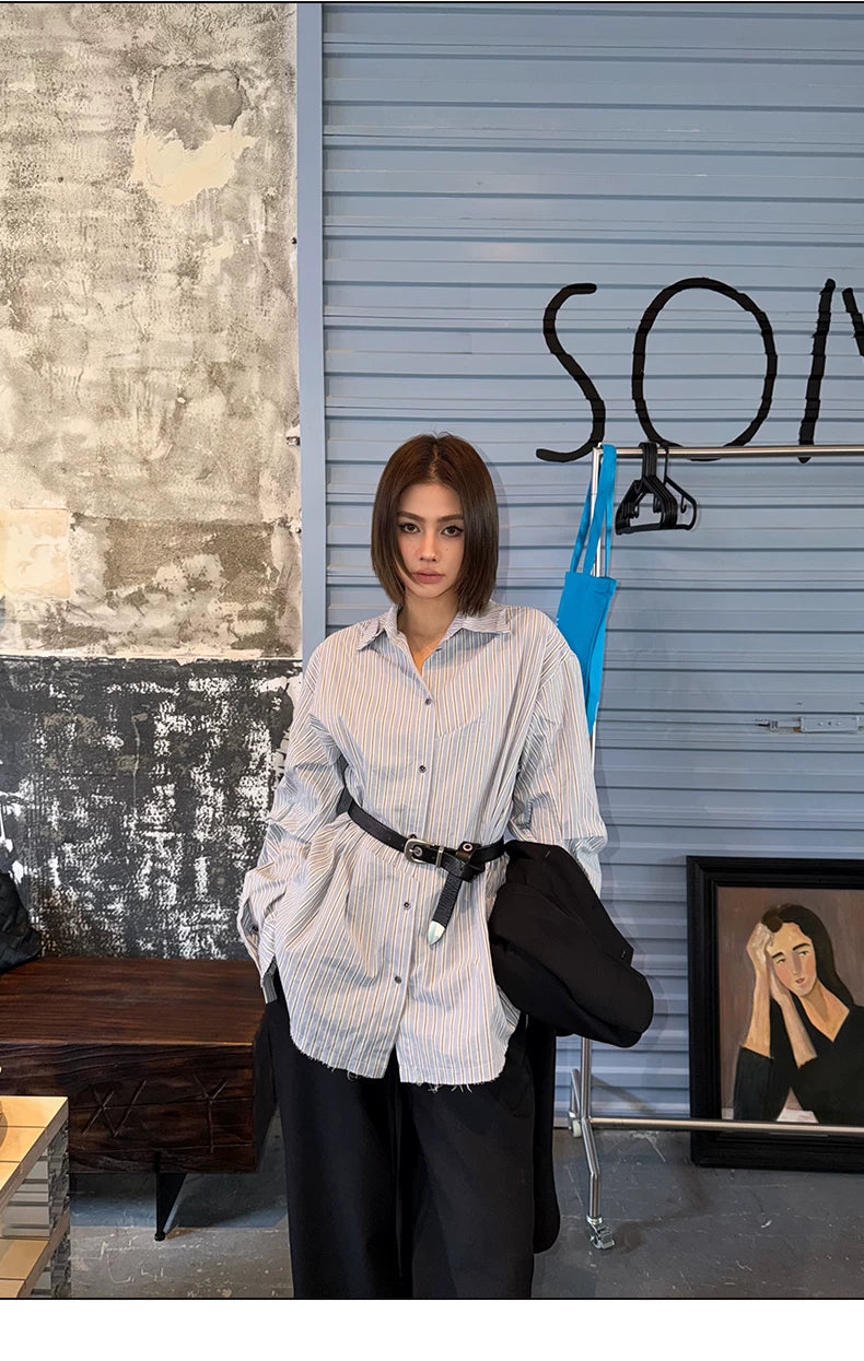 Asymmetric Pleated Stripe Cotton Shirt