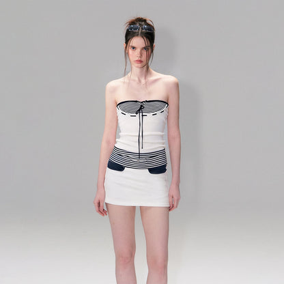 Vintage Contrast Stripe Lace-Up Bandeau Top