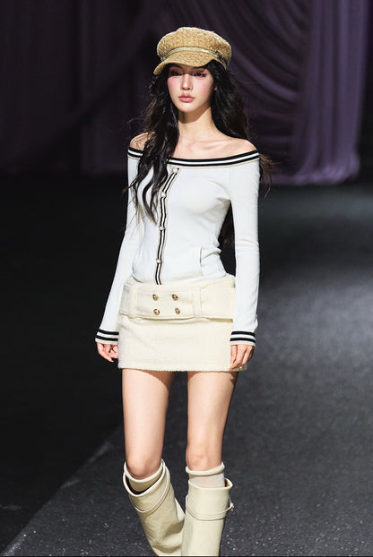 Off-Shoulder Wool-Blend Slim Knit Cardigan