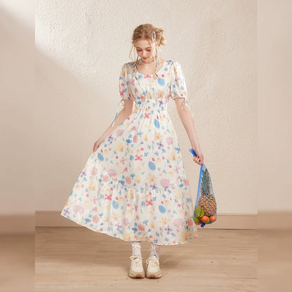 White Floral Puff Sleeve Round Neck Dress