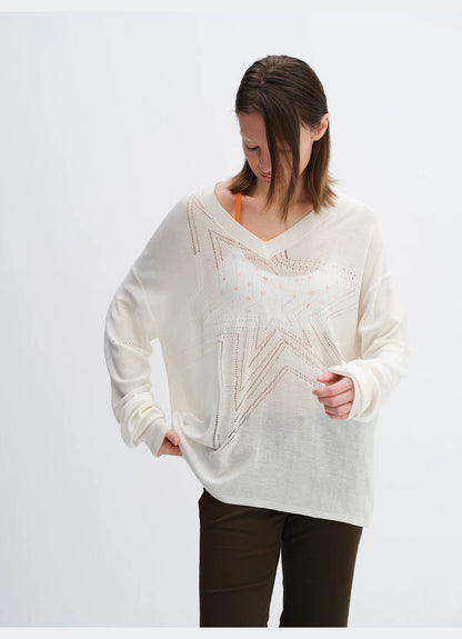 Cotton Hollow Star V-Neck Knit Cardigan