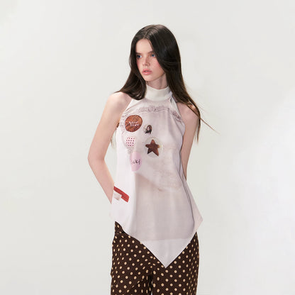 Vintage Printed Asymmetric Hem Halter Top